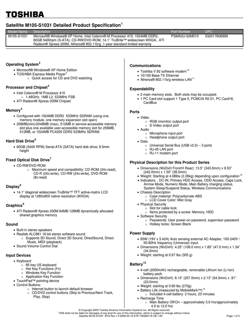 Toshiba M105-S1031 Specifications