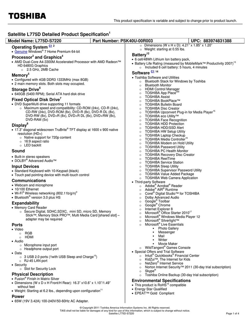 Toshiba Satellite L775D-S7220 User manual