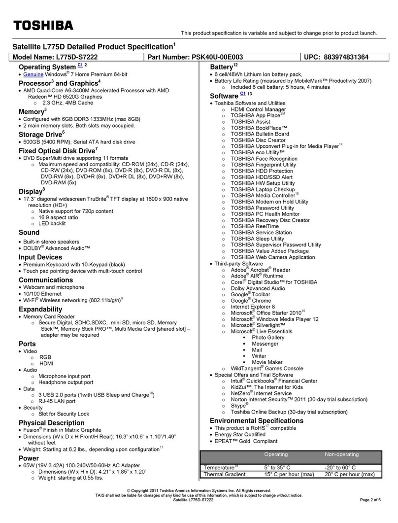 Toshiba Satellite L775D-S7222 Specifications