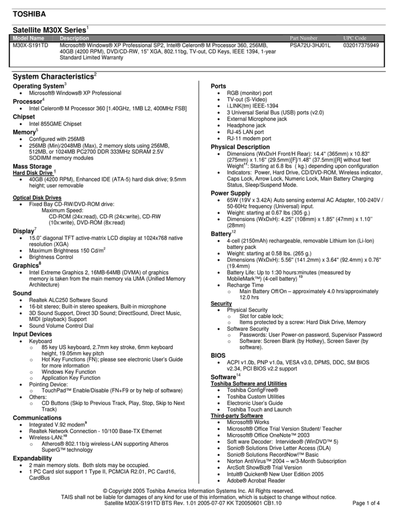 Toshiba M30X-S191TD Specifications