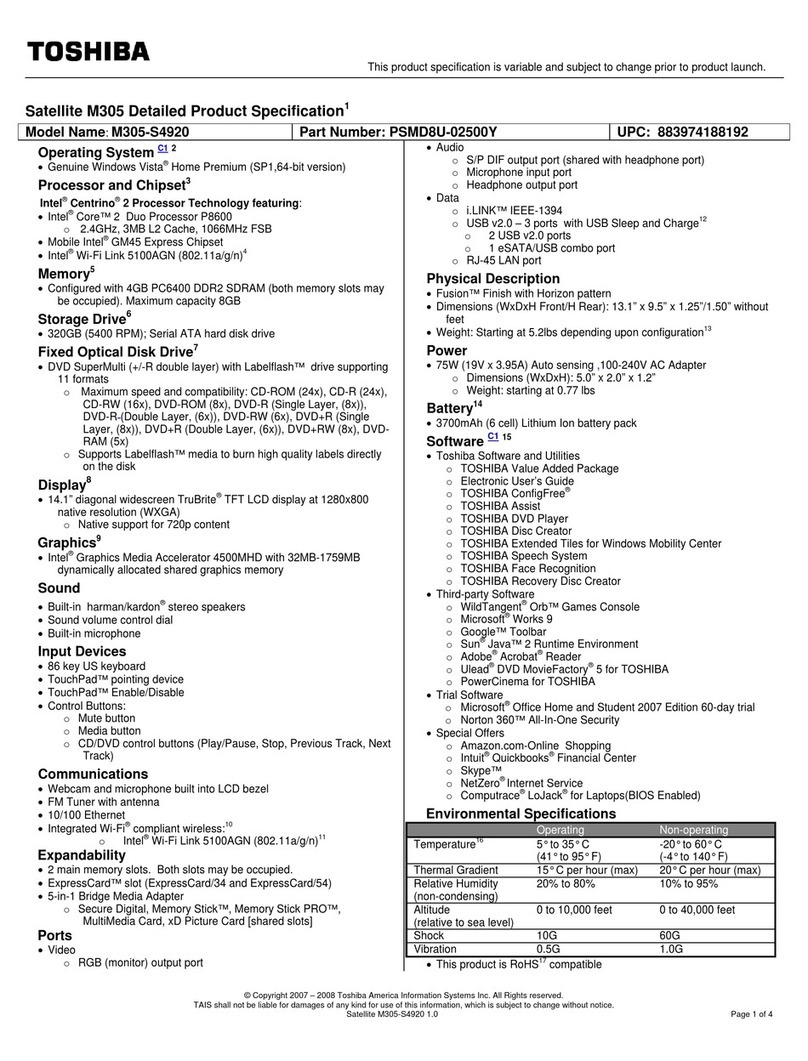 Toshiba M305-S4920 - Satellite - Core 2 Duo 2.4 GHz User manual