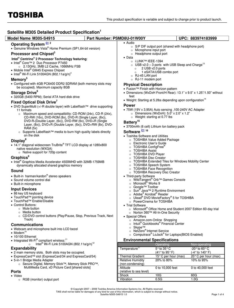 Toshiba M305 S4915 2 2.13 Specifications