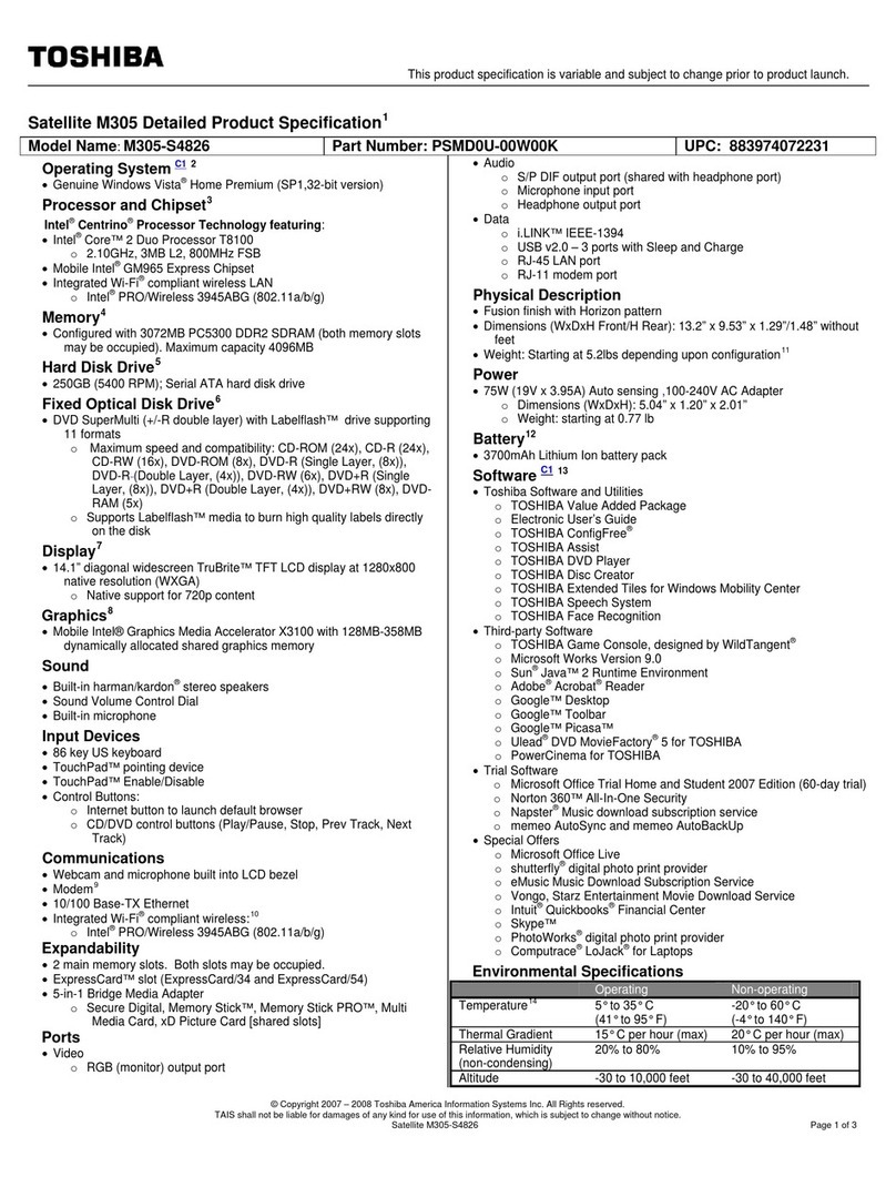 Toshiba M305-S4826 - Satellite - Core 2 Duo 2.1 GHz User manual