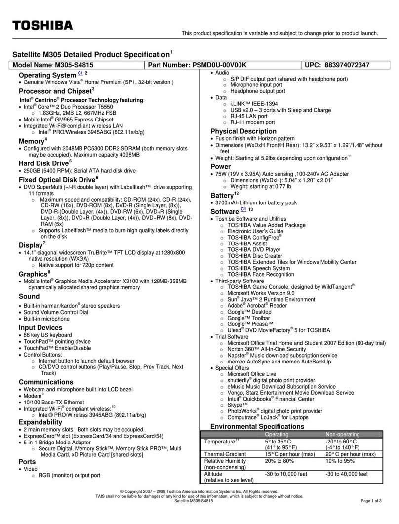 Toshiba M305-S4815 - Satellite - Core 2 Duo 1.83 GHz Specifications
