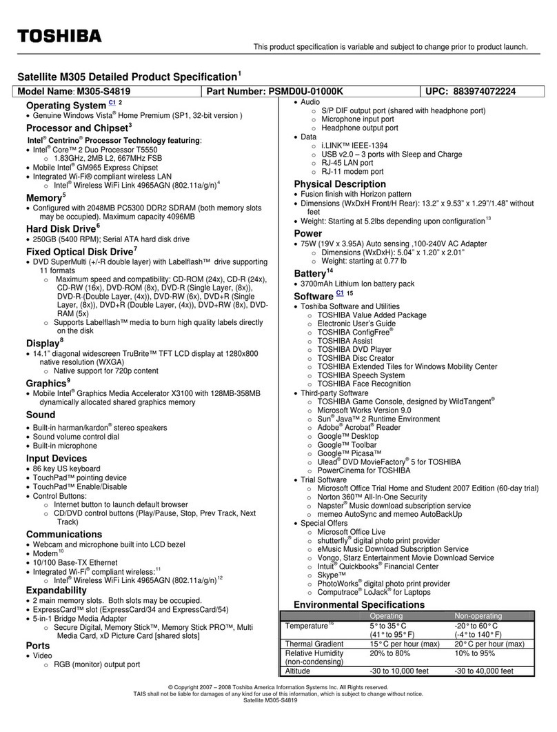 Toshiba M305-S4819 - Satellite - Core 2 Duo 1.83 GHz User manual