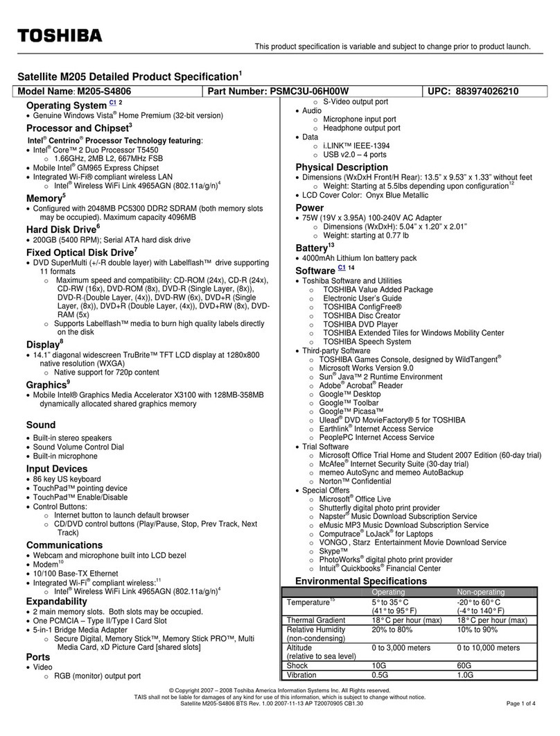 Toshiba M205-S4806 Specifications