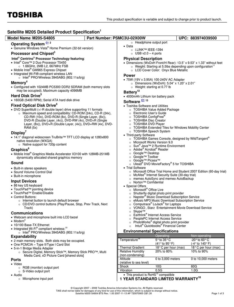 Toshiba M205-S4805 Specifications