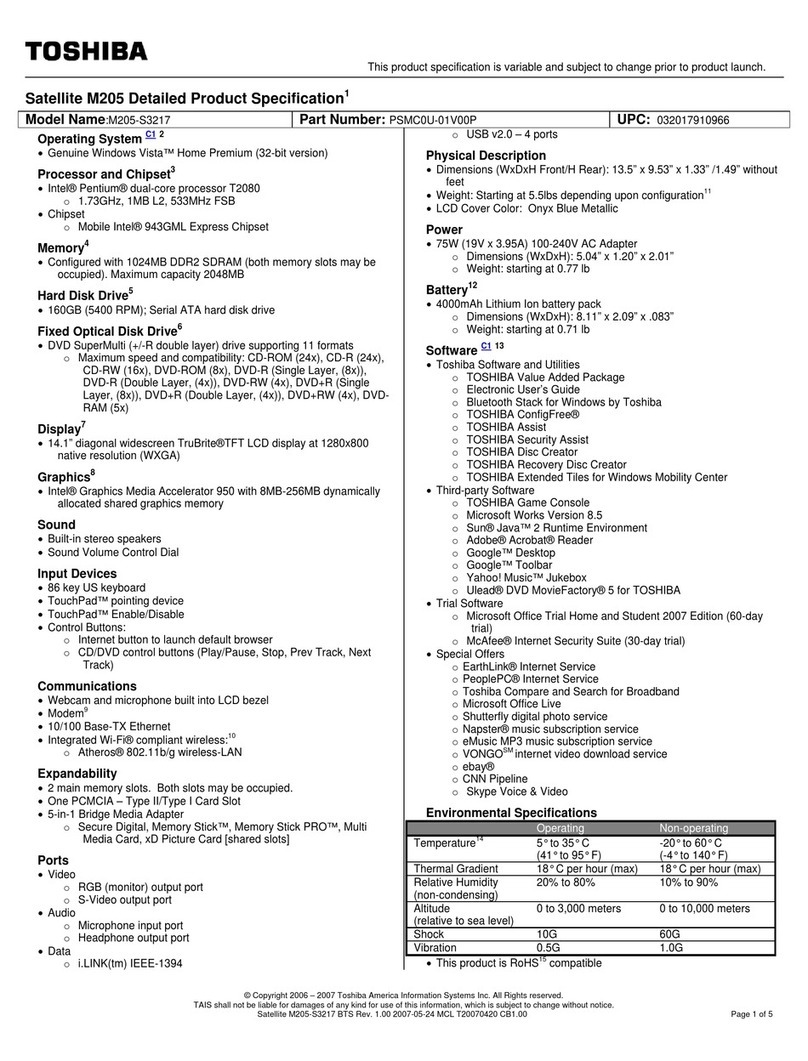Toshiba M205-S3217 - Satellite - Pentium Dual Core 1.73... User manual