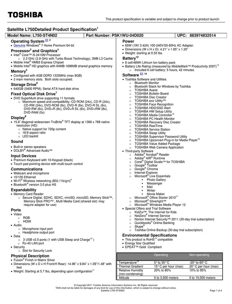 Toshiba Satellite L750-ST4N02 Specifications