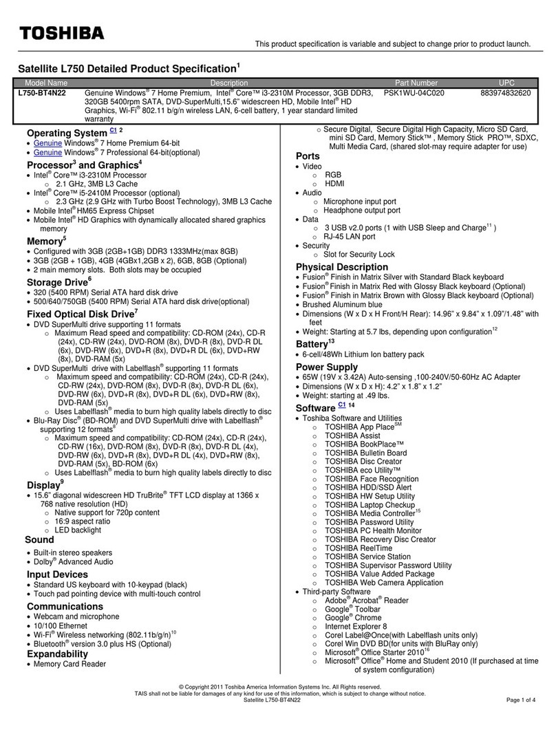 Toshiba Satellite L750-BT4N22 Specifications