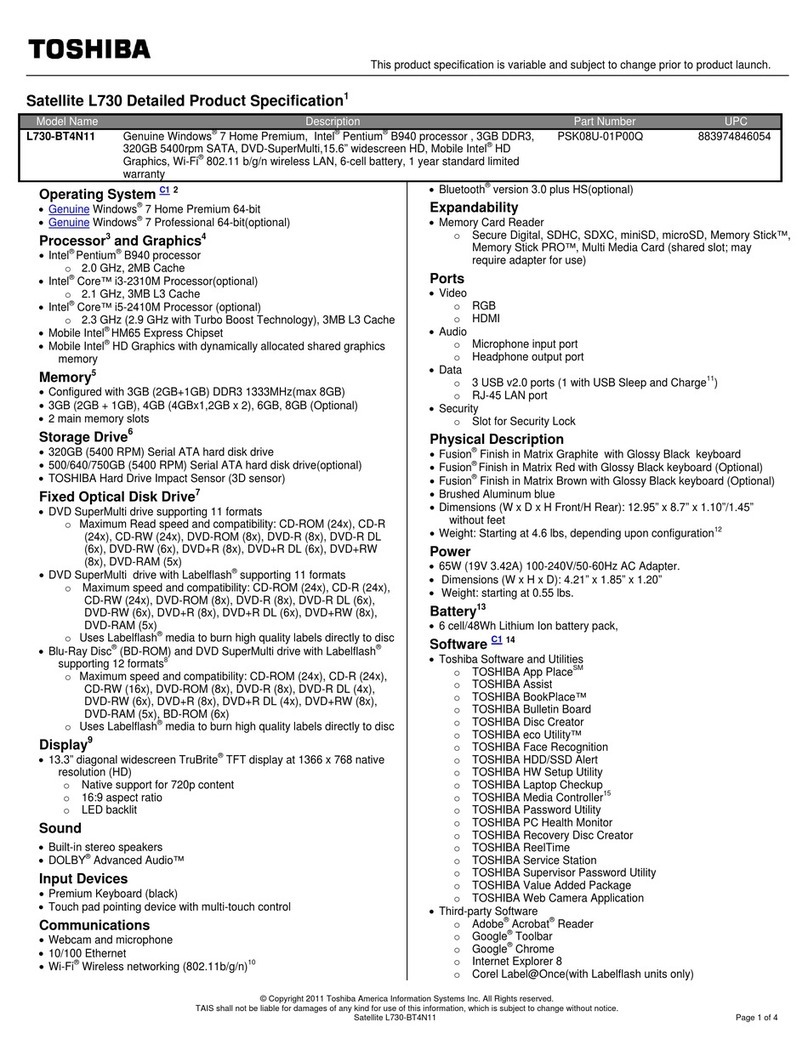 Toshiba Satellite L730-BT4N11 User manual