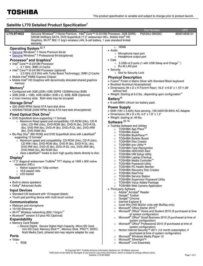 Toshiba Satellite L770-BT4N22 User manual