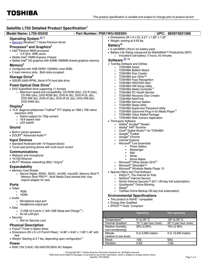 Toshiba Satellite L755-S5242 Specifications