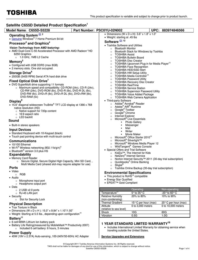 Toshiba C655D-S5228 Specifications