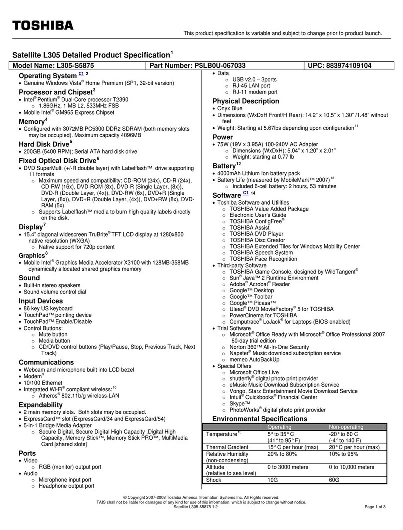 Toshiba L305 S5875 - Satellite - Pentium Dual Core 1.86... User manual