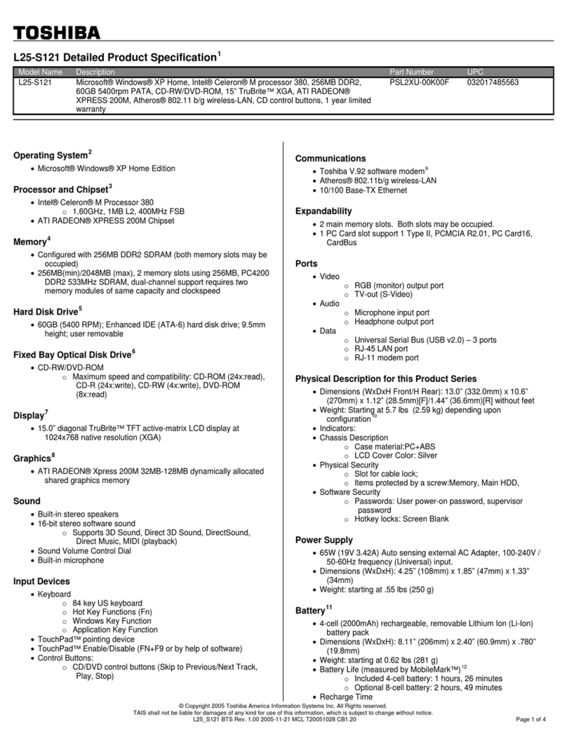 Toshiba L25 S121 - Satellite - Celeron M 1.6 GHz User manual