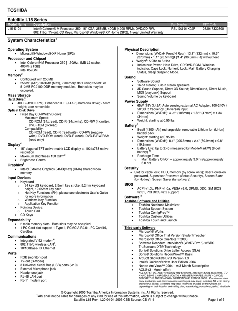 Toshiba L15-S104 Specifications