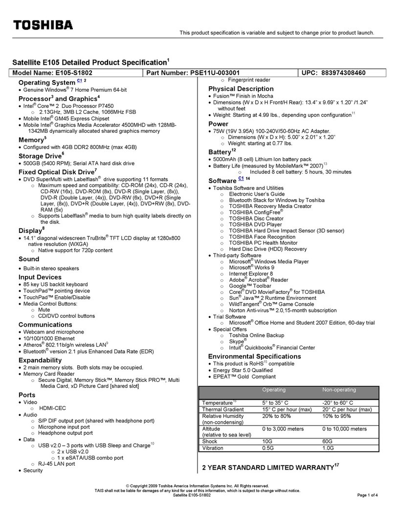 Toshiba Satellite E105-S1802 Detailed product specification