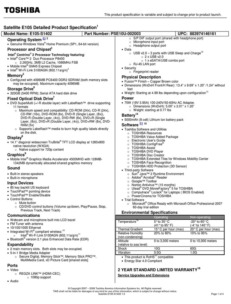 Toshiba E105-S1402 Detailed product specification