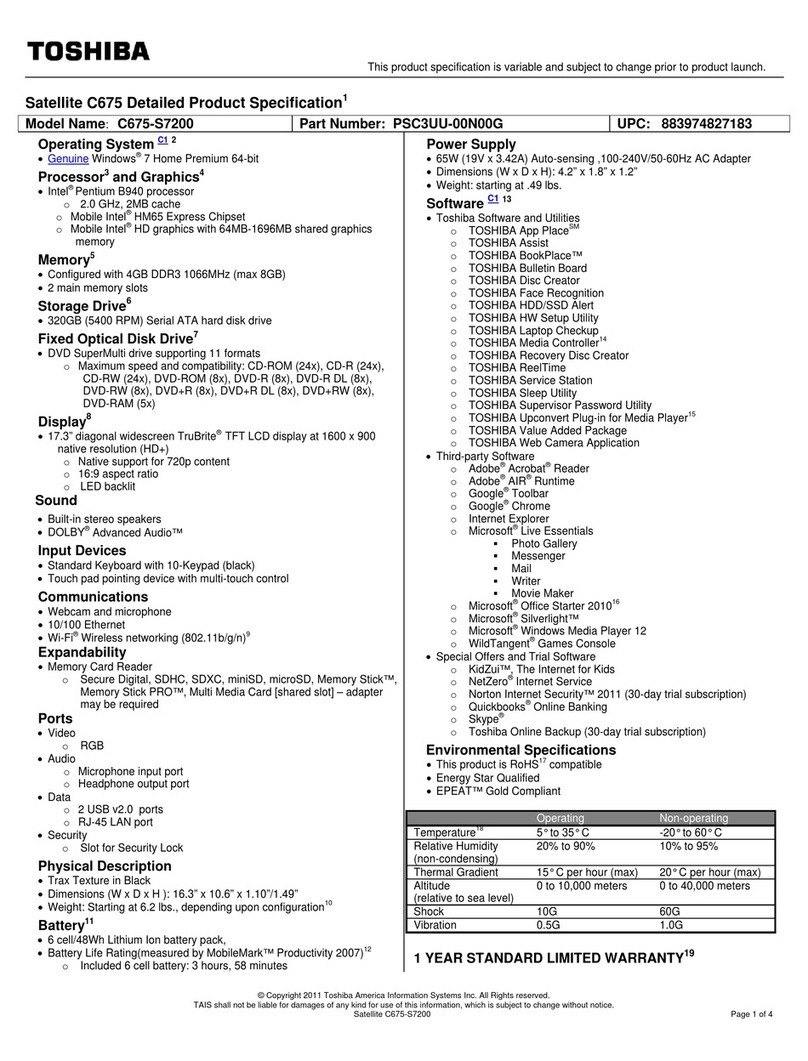 Toshiba C675-S7200 Specifications