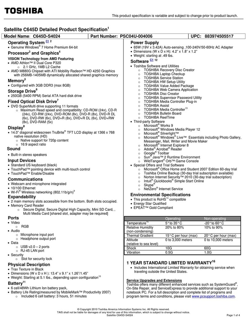 Toshiba Satellite C645D Specifications