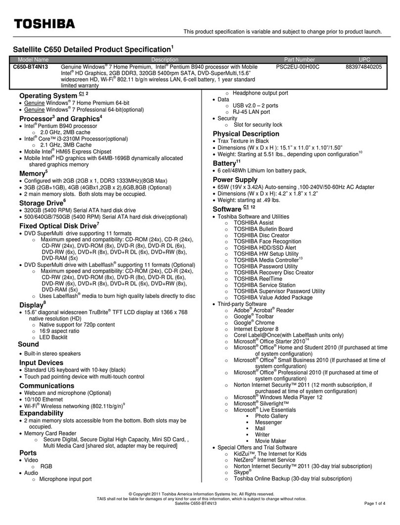 Toshiba C650-BT4N13 User manual