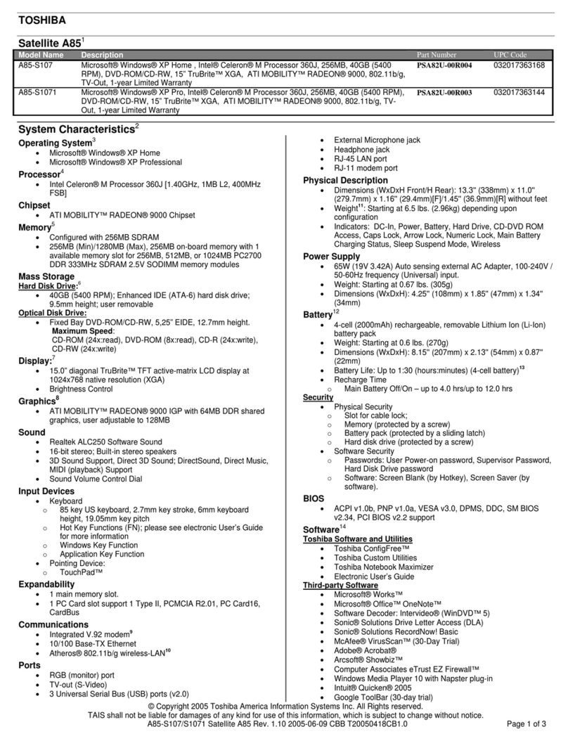 Toshiba A85-S107 Specifications