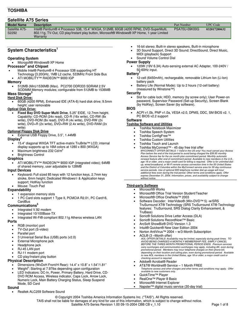Toshiba A75-S2292 User manual