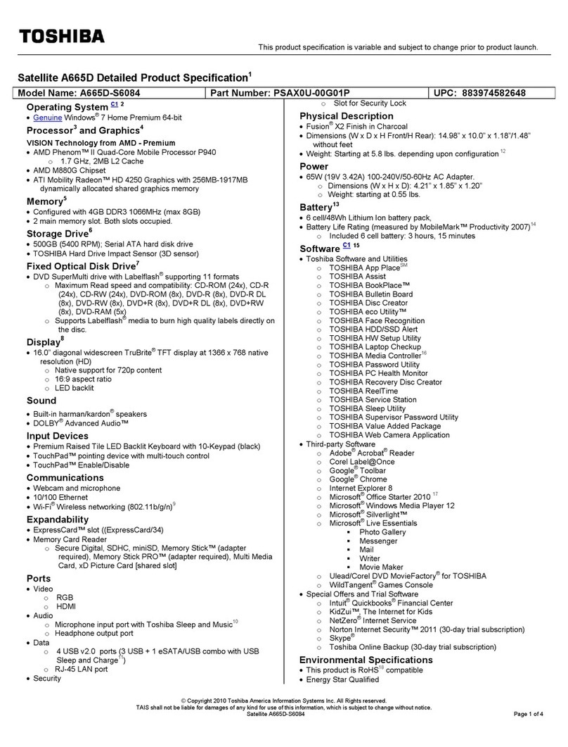 Toshiba A665D-S6084 Specifications
