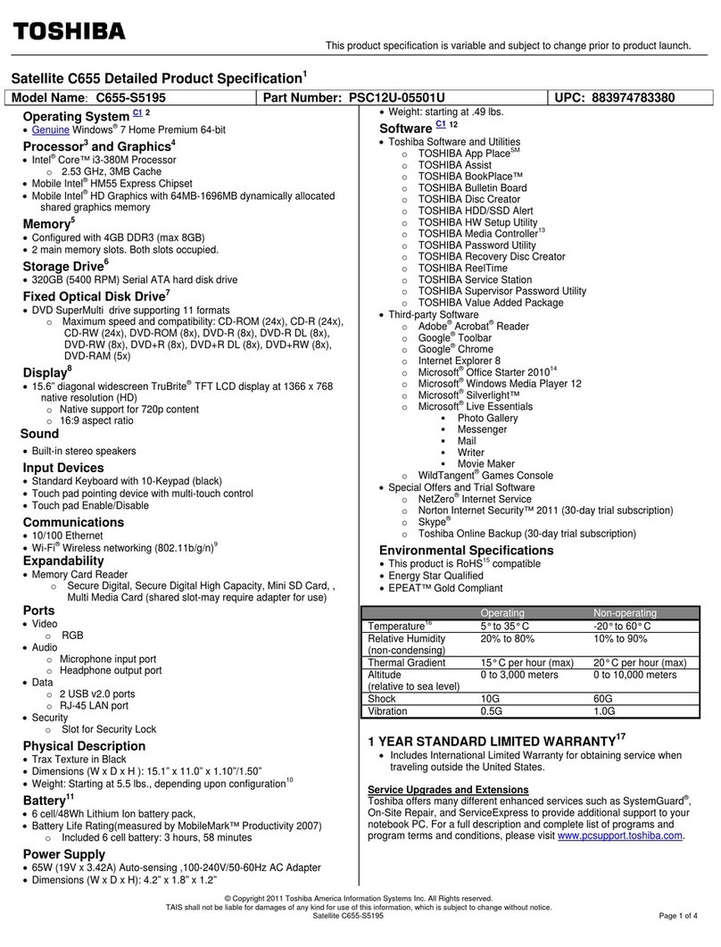 Toshiba Satellite C655 Specifications