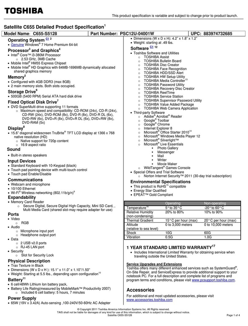 Toshiba Satellite C655 Specifications