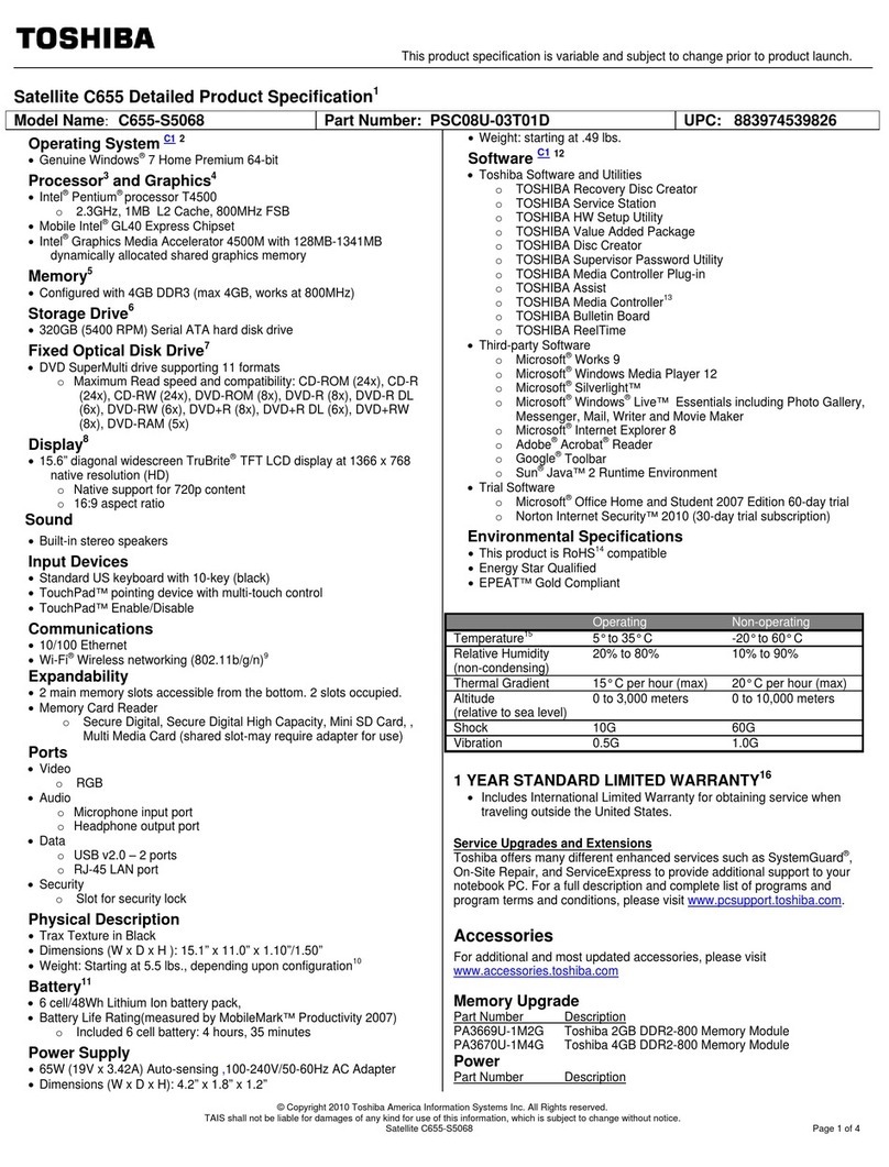 Toshiba Satellite C655 Specifications