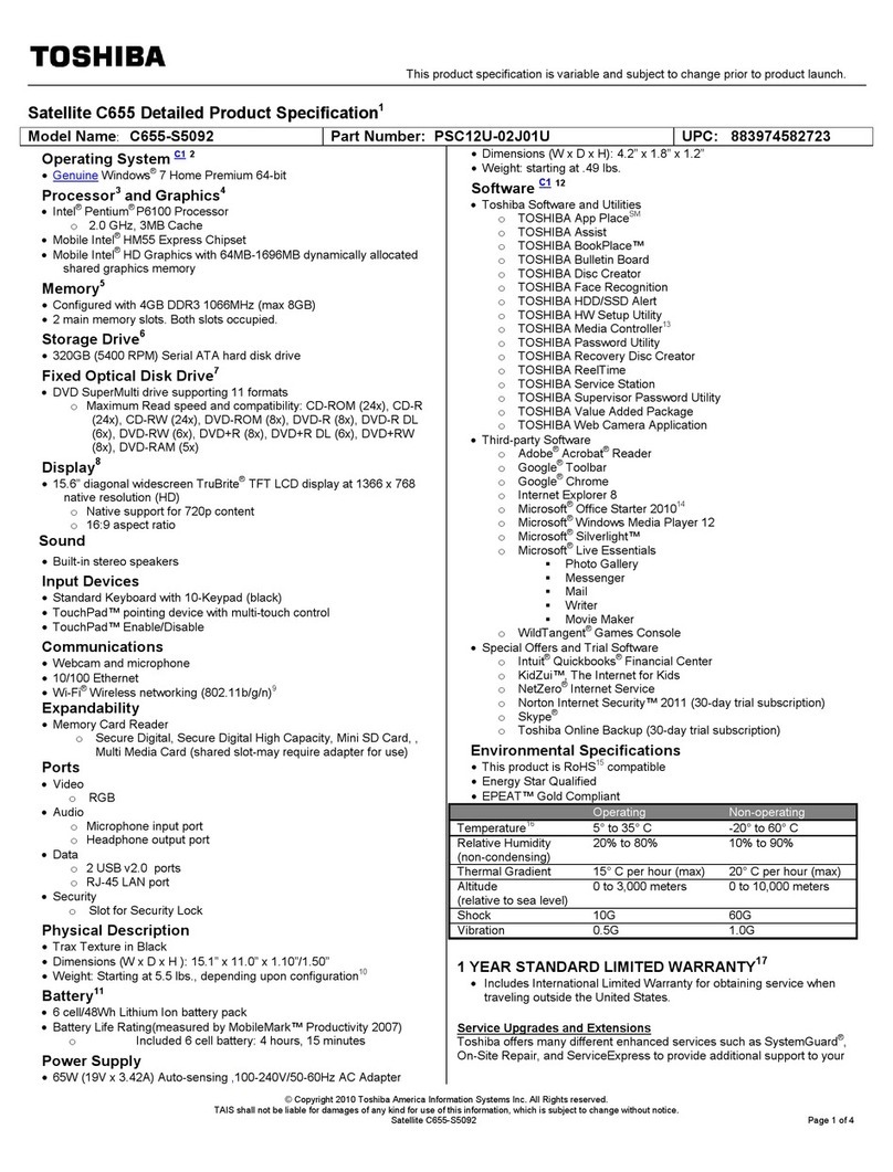 Toshiba Satellite C655 Specifications