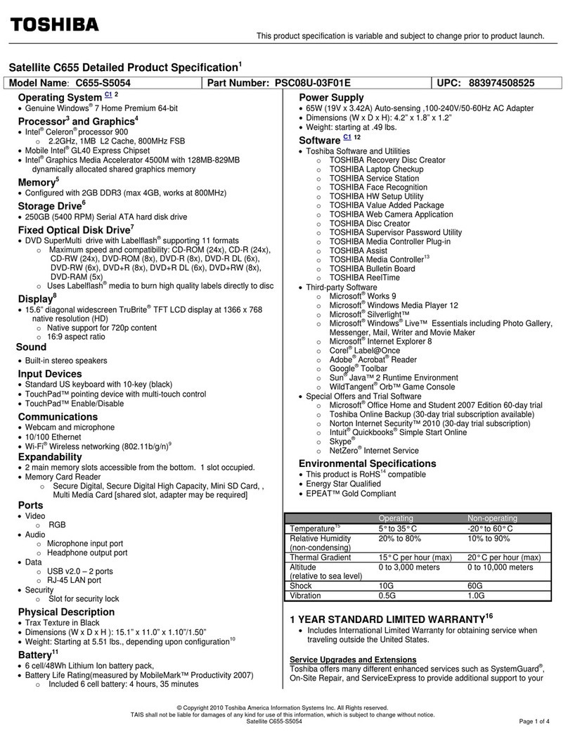 Toshiba Satellite C655 Specifications