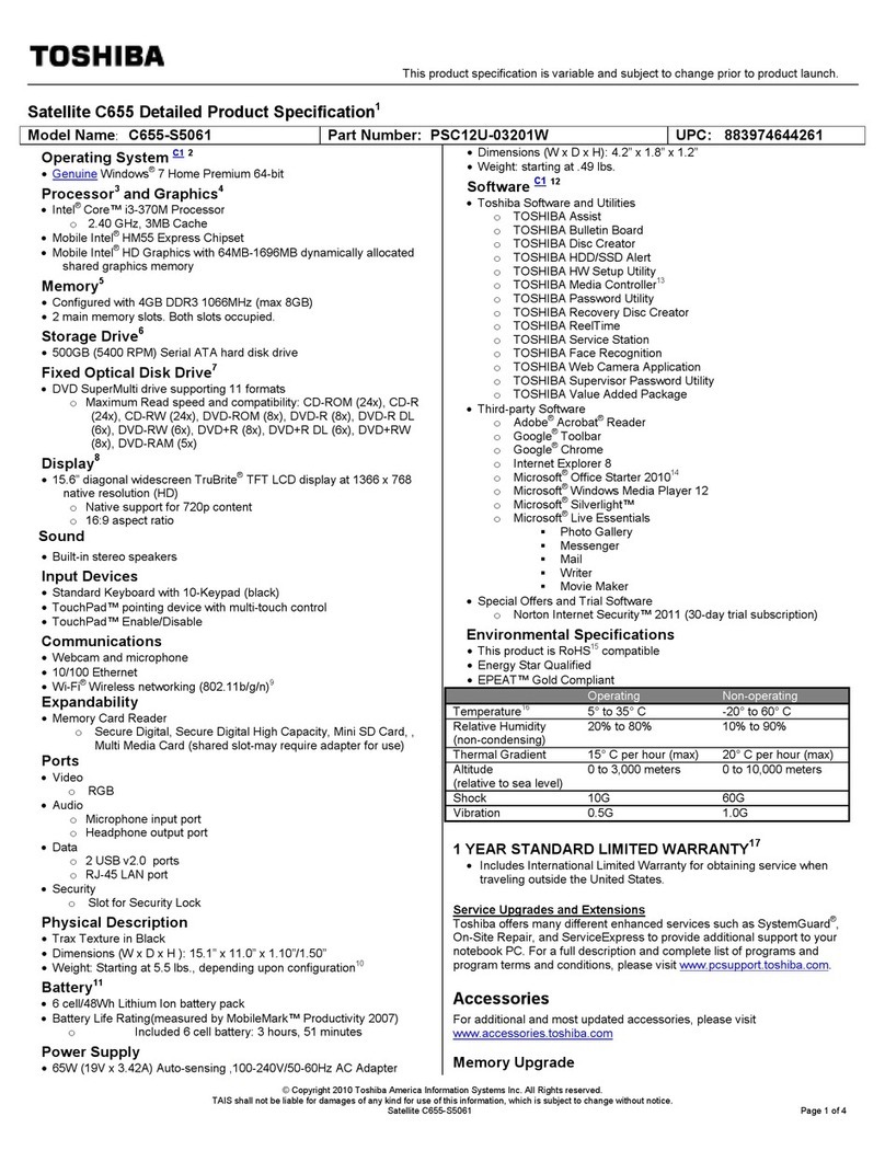 Toshiba Satellite C655 Specifications