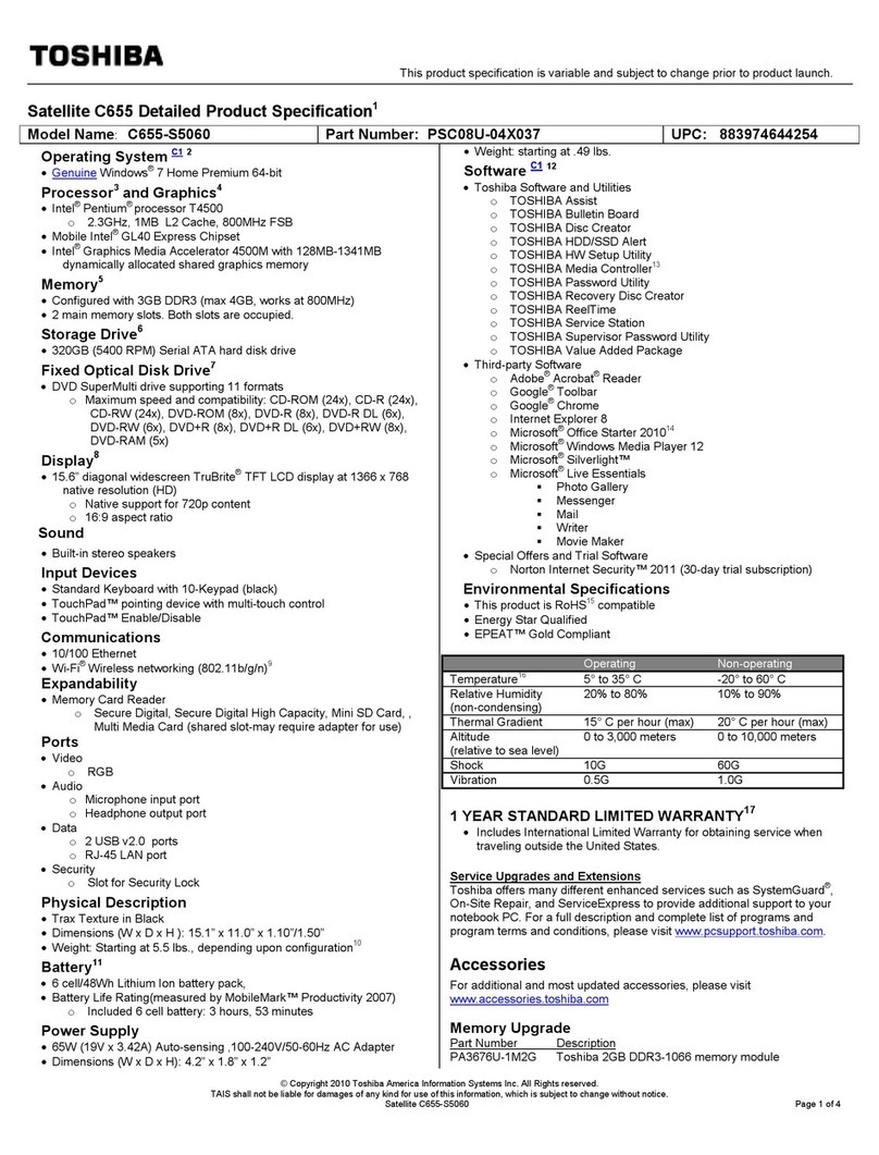Toshiba Satellite C655 Specifications