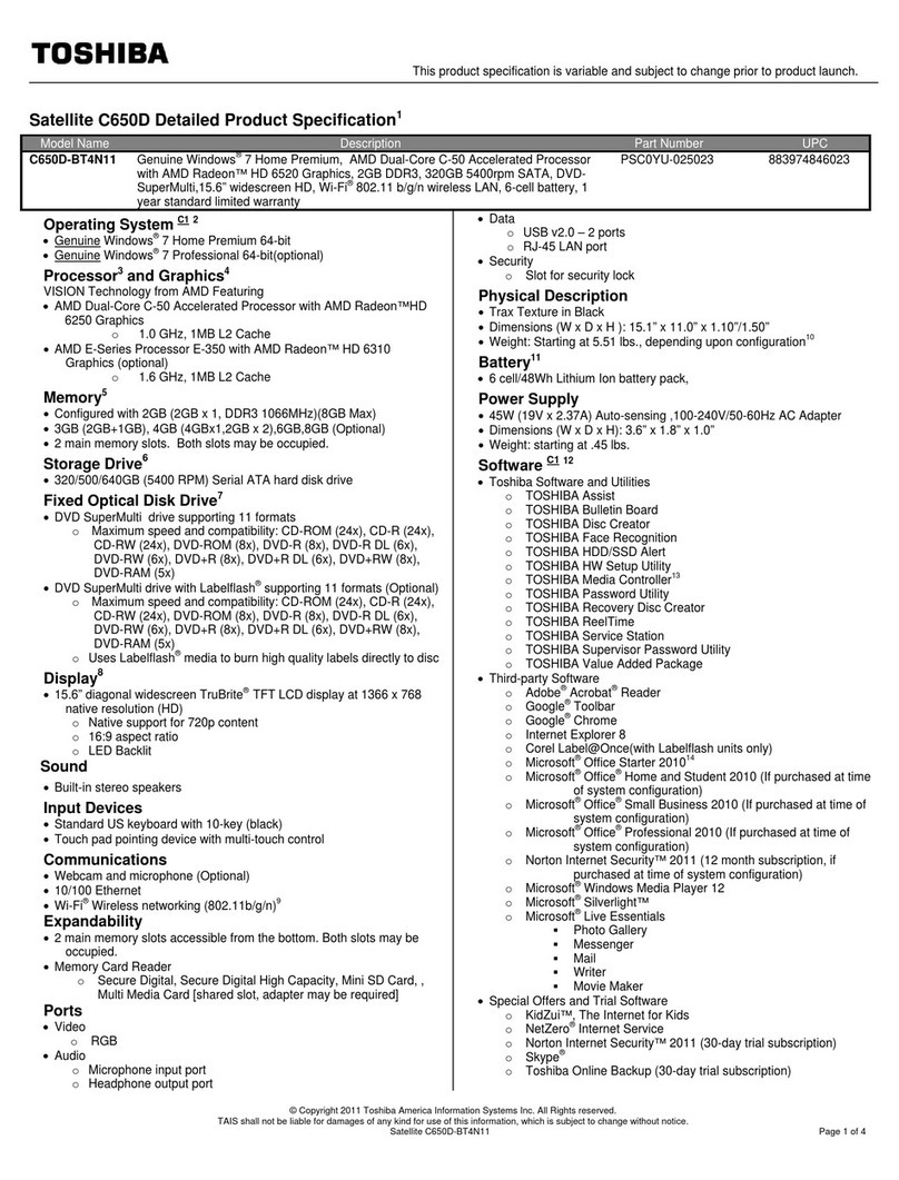Toshiba C650D-BT4N11 Specifications