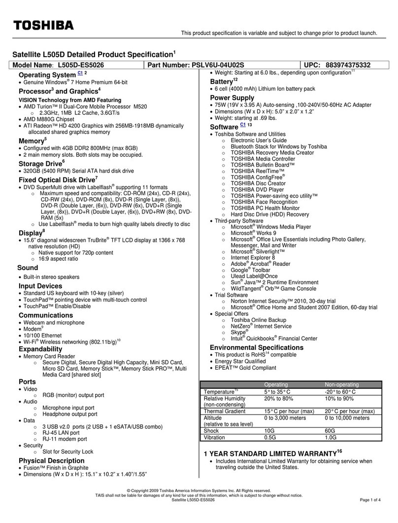 Toshiba L505D-ES5026 Specifications