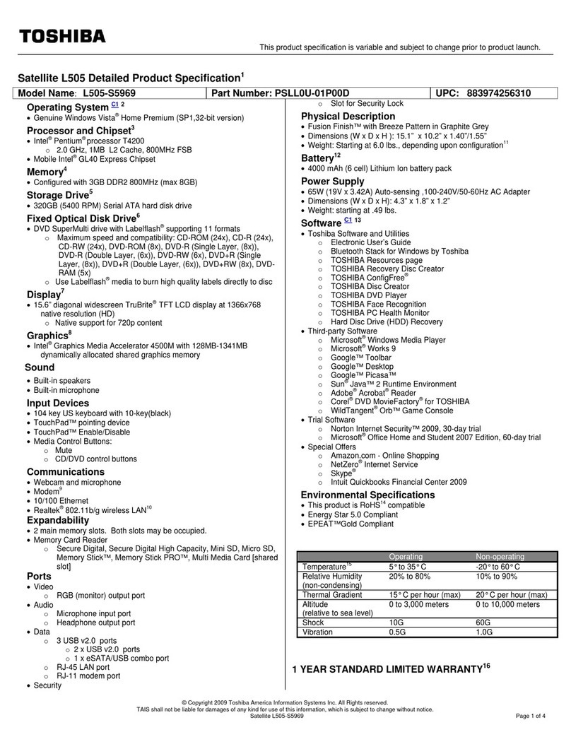 Toshiba L505-S5969 - Satellite - P T4200 Specifications