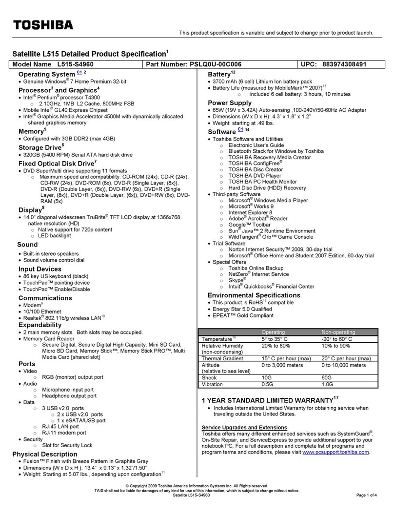 Toshiba L515-S4960 - Satellite - Pentium 2.1 GHz User manual