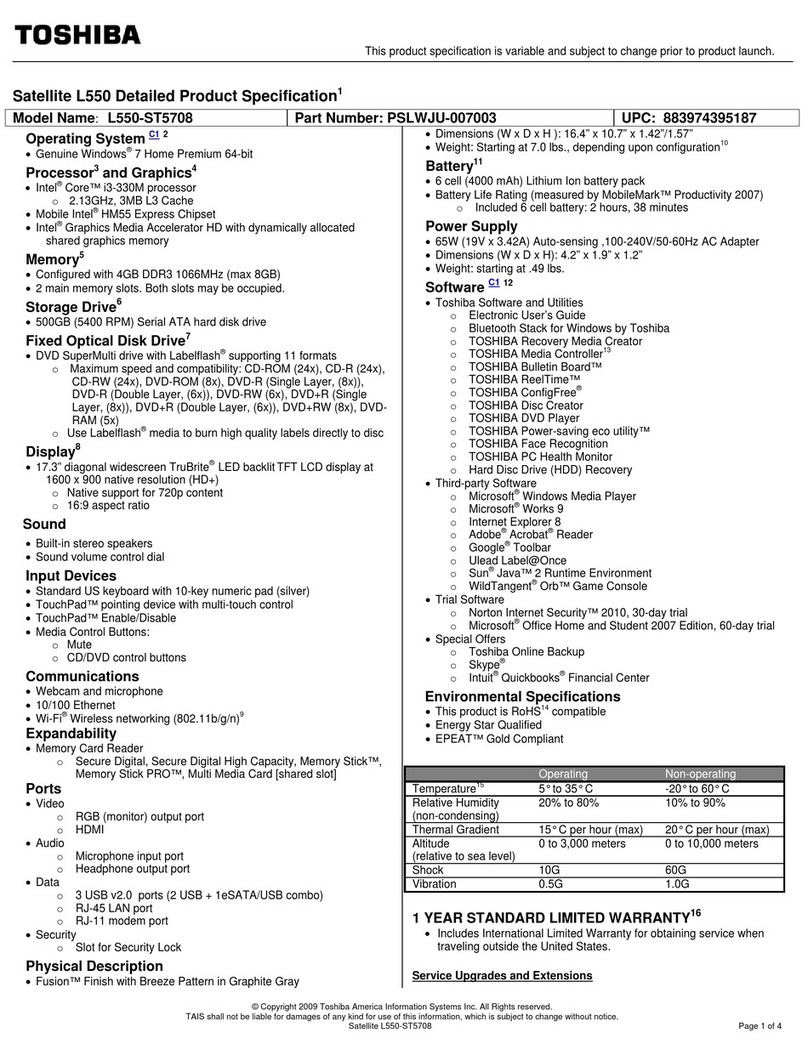 Toshiba Satellite L550-ST5708 Specifications Toshiba Satellite L550-ST5708 Specifications