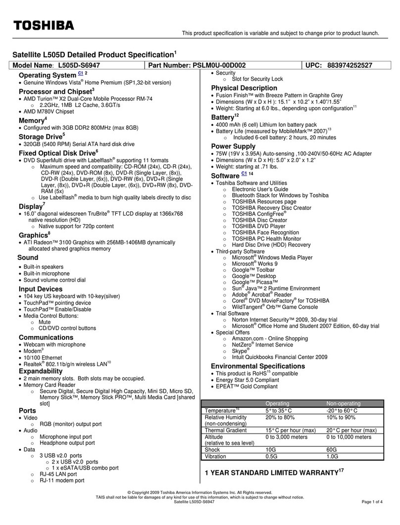Toshiba L505D-S6947 Specifications