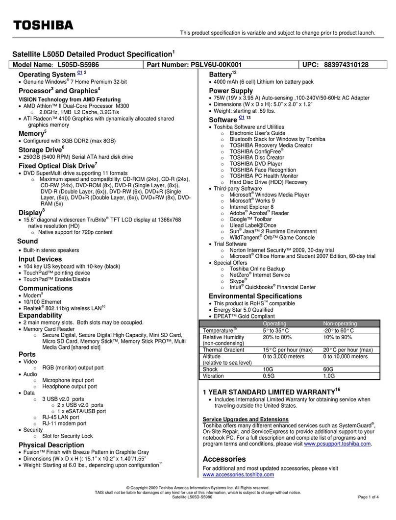 Toshiba L505D S5986 - Satellite - Athlon II 2 GHz User manual
