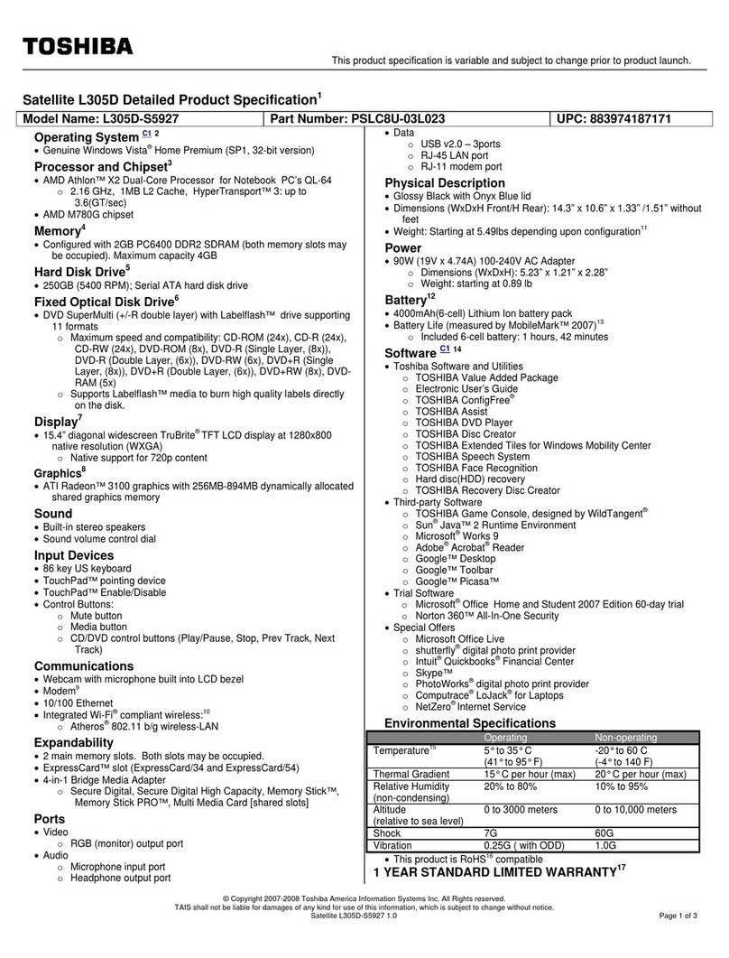 Toshiba L305D-S5927 Specifications