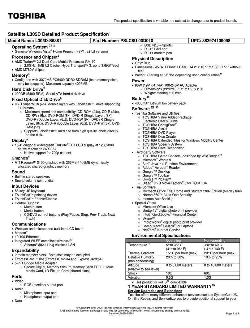 Toshiba L305D-S5881 - Satellite - Turion X2 2 GHz User manual