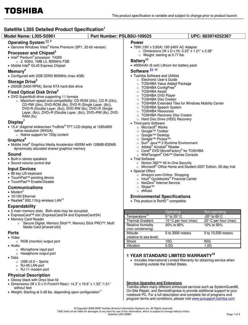 Toshiba L305 S5961 - Satellite - Pentium 2 GHz Specifications