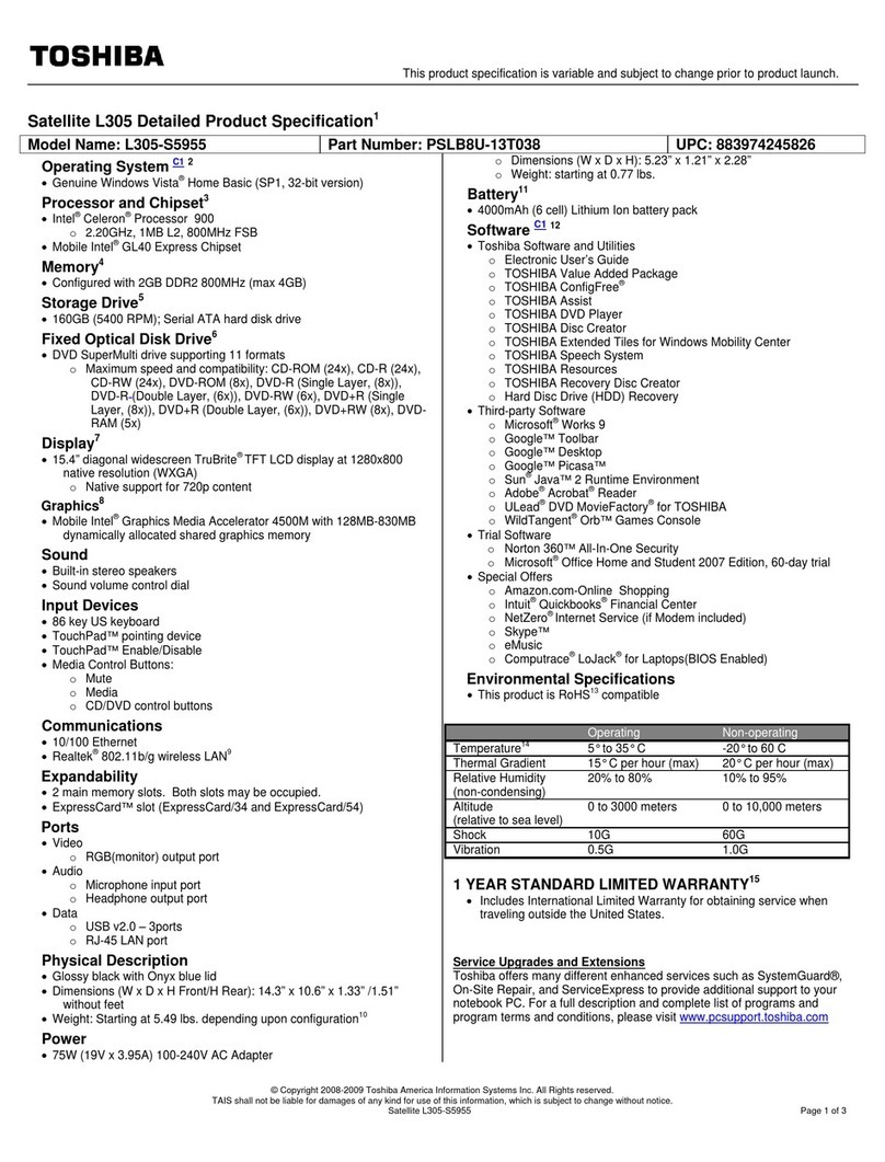 Toshiba L305-S5955 - Satellite - Celeron 2.2 GHz User manual