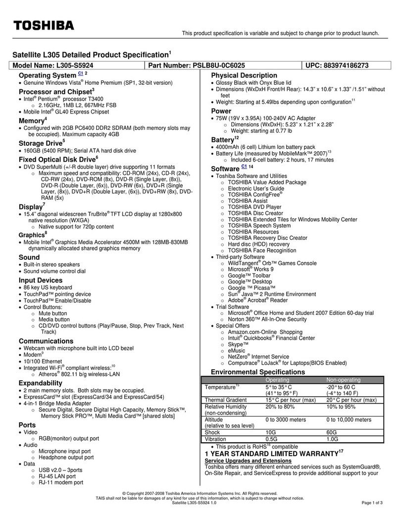 Toshiba L305-S5924 - Satellite - Pentium 2.16 GHz User manual