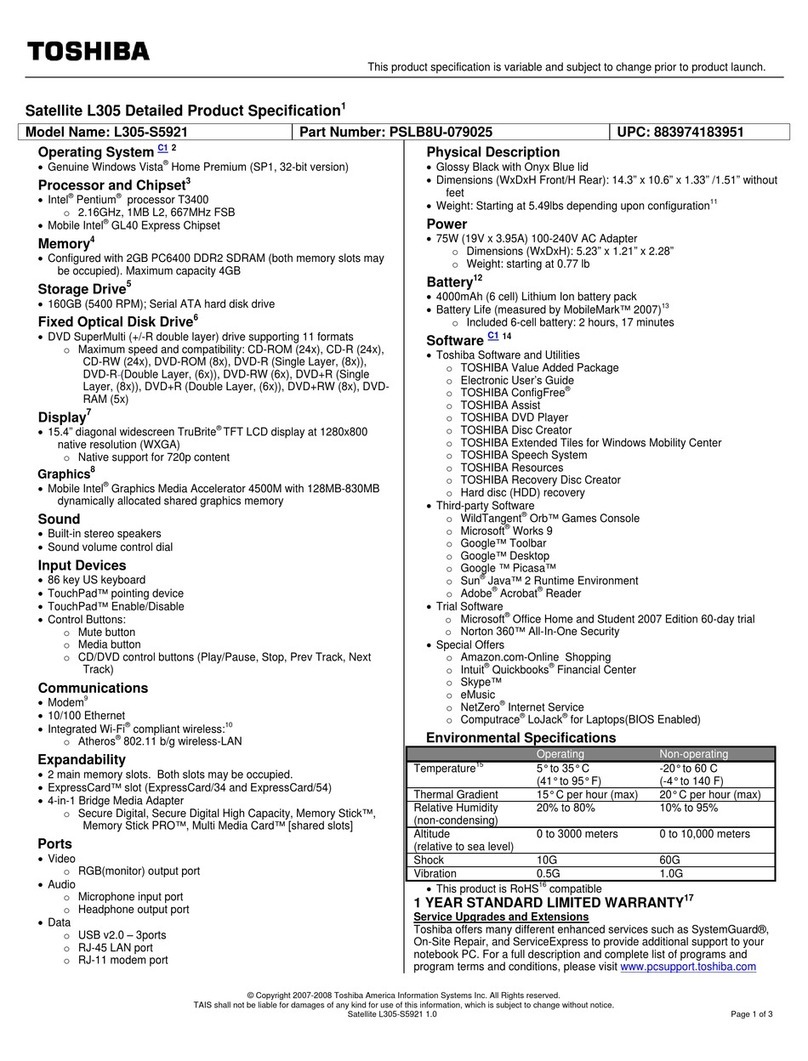 Toshiba L305-S5921 - Satellite - Pentium Dual Core 2.16... User manual