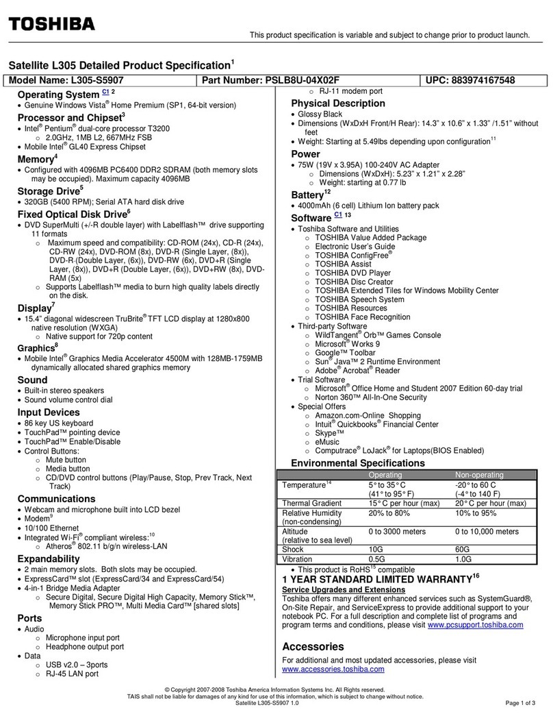 Toshiba L305-S5907 - Satellite - Pentium Dual Core 2... Specifications